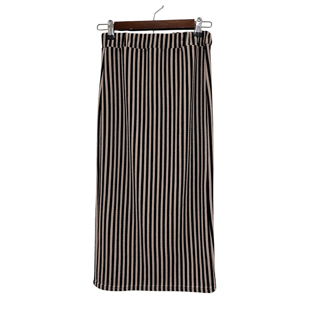 Womens‎ Midi Skirt Vertical Striped Small Tan Black Textured Back Slit